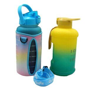 Lot 2 H2O Large Water Bottles 2.2ltr 73oz Motivational Time Markers Cover Straws